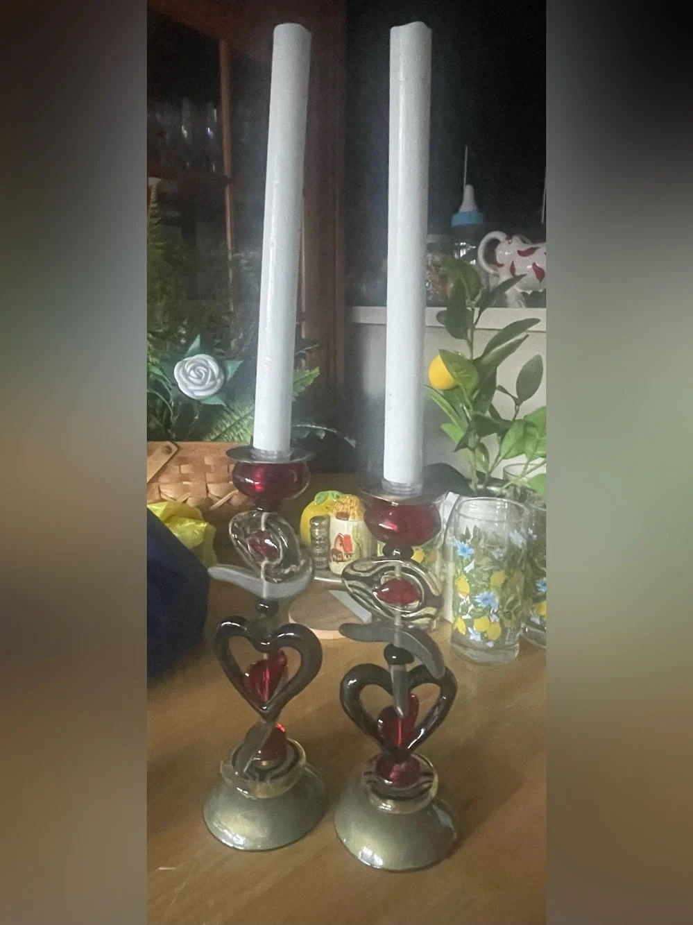 Elegant Red Heart Glass Candlestick Pair - Home Accents